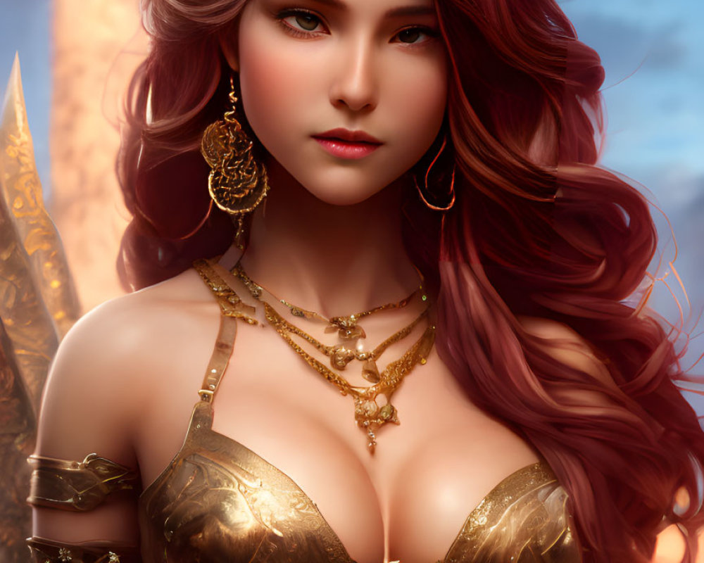 Regal Female Character with Red Hair and Golden Jewelry in Brass Armor Corset