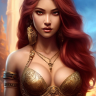 Regal Female Character with Red Hair and Golden Jewelry in Brass Armor Corset