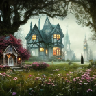 Enchanting forest scene with whimsical house, lanterns, character in red cloak, rabbit,