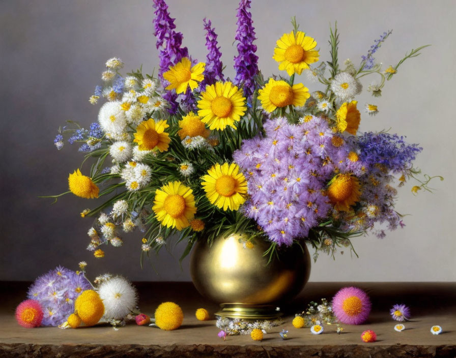 Rustic bouquet of wild flowers in a golden vase
