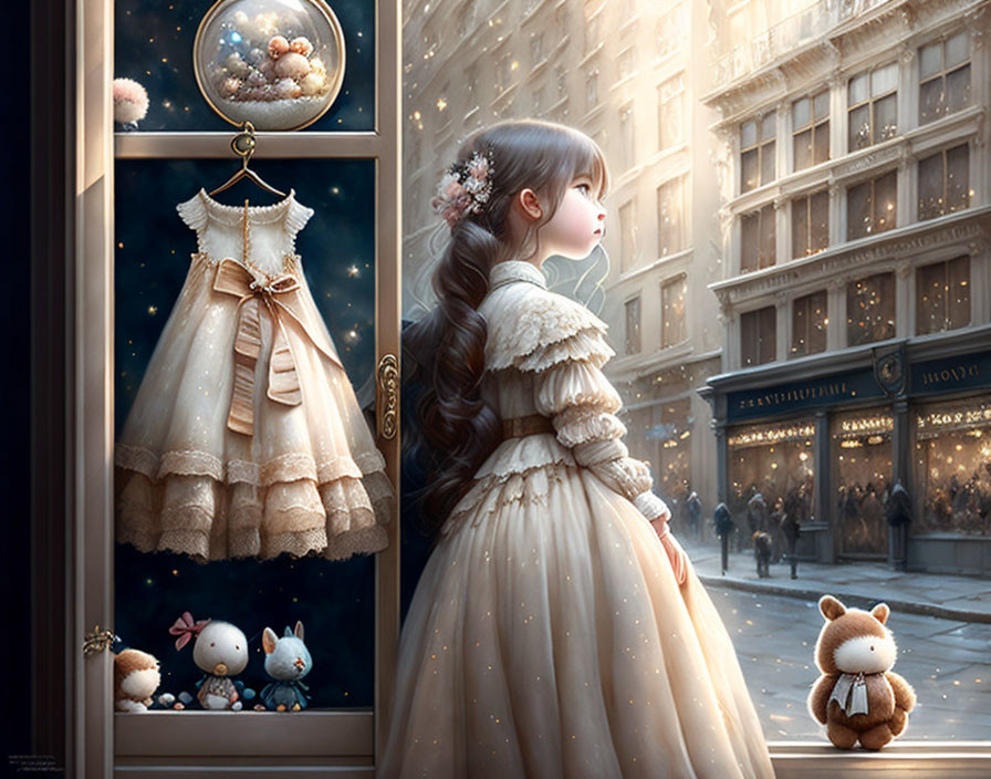 Girl in elegant dress looking out window with city view, plush toys, and hanging dress.