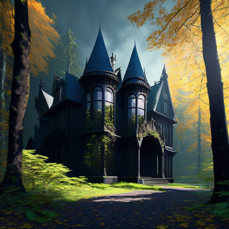 Black Gothic-style House in Autumn Forest Setting