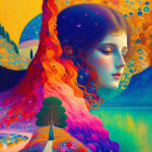 Colorful Woman's Profile Blended with Psychedelic Landscape