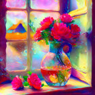Colorful Vase with Vibrant Red Roses by Window overlooking Fairy-Tale Landscape