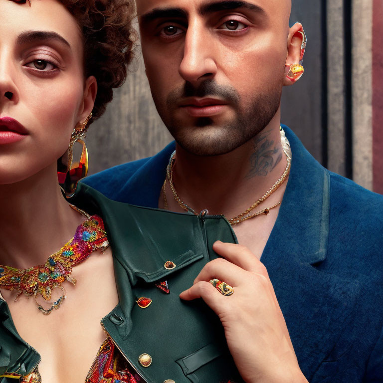 Fashionable Man and Woman in Bold Attire and Vibrant Jewelry