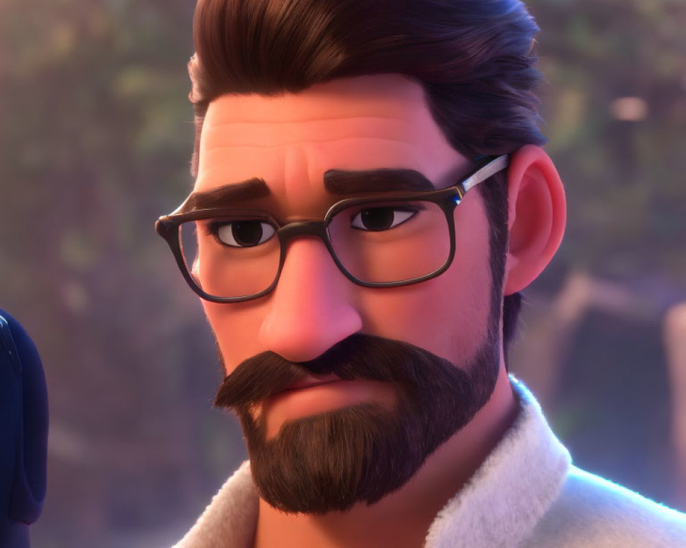 3D animated male character with beard, mustache, and glasses in serious expression