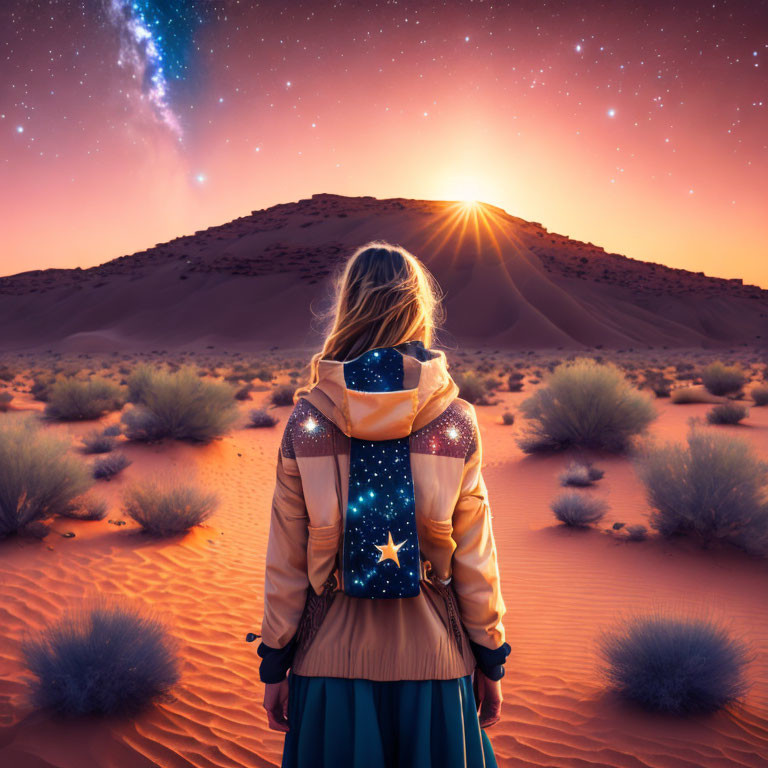 Person with star-patterned backpack in desert sunset scene.