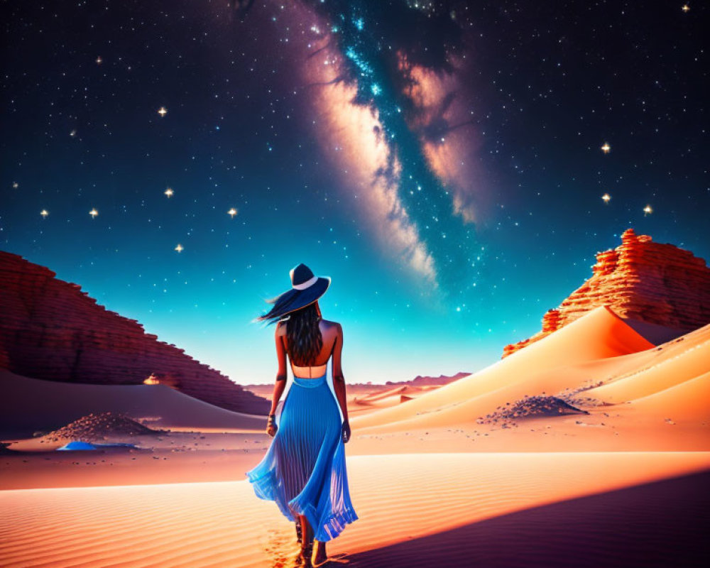 Woman in Blue Dress Walking in Desert Under Starry Night Sky