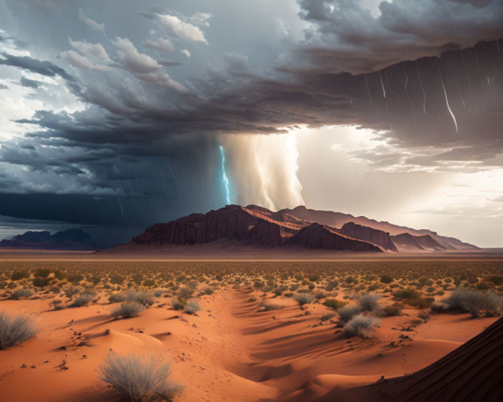 Dark Stormy Desert Landscape with Lightning and Sand Dunes