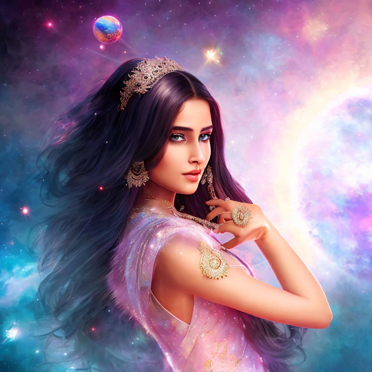 Illustrated woman with blue hair and crown in cosmic setting