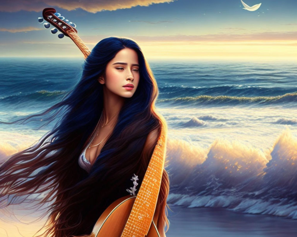 Woman with flowing hair holding guitar at sunset by ocean with crescent moon