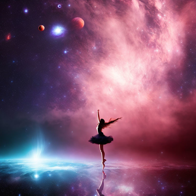 Silhouette of ballet dancer against cosmic backdrop with stars and planets.