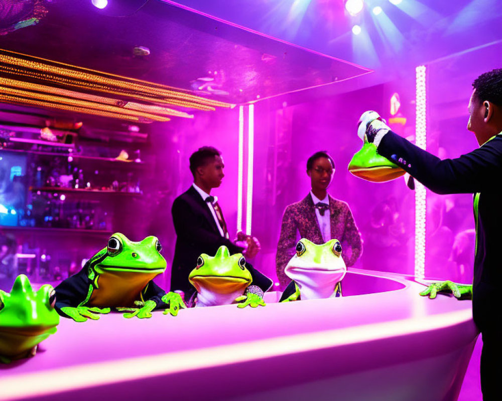 Colorful bar scene with animated frogs and bartender pouring drink
