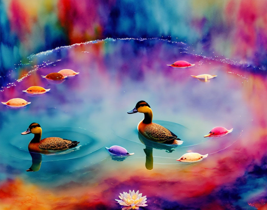 Ducks floating on water with lotus flower and colorful reflections