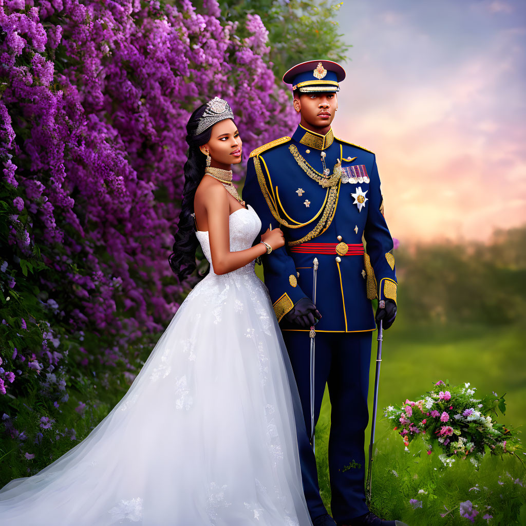 Bride and Groom in White Dress and Military Uniform Surrounded by Purple Flowers at Sunset