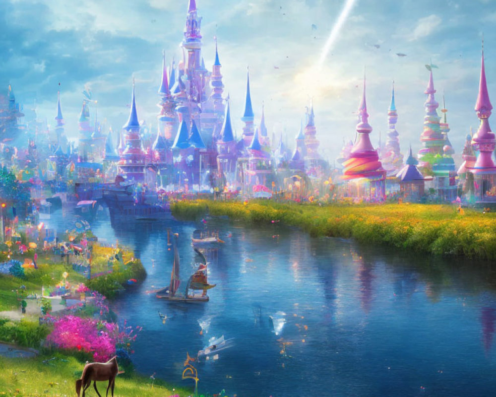 Majestic castle, river, horse, comet in fantasy landscape
