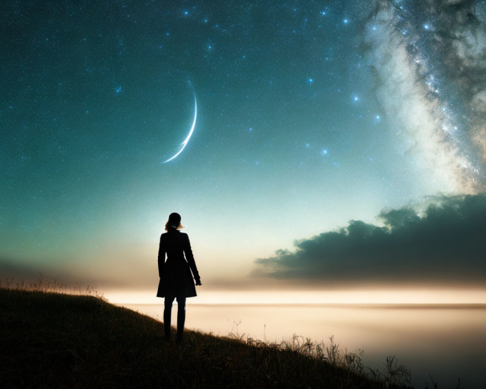 Silhouette of person on grassy hill under starry night sky by tranquil water