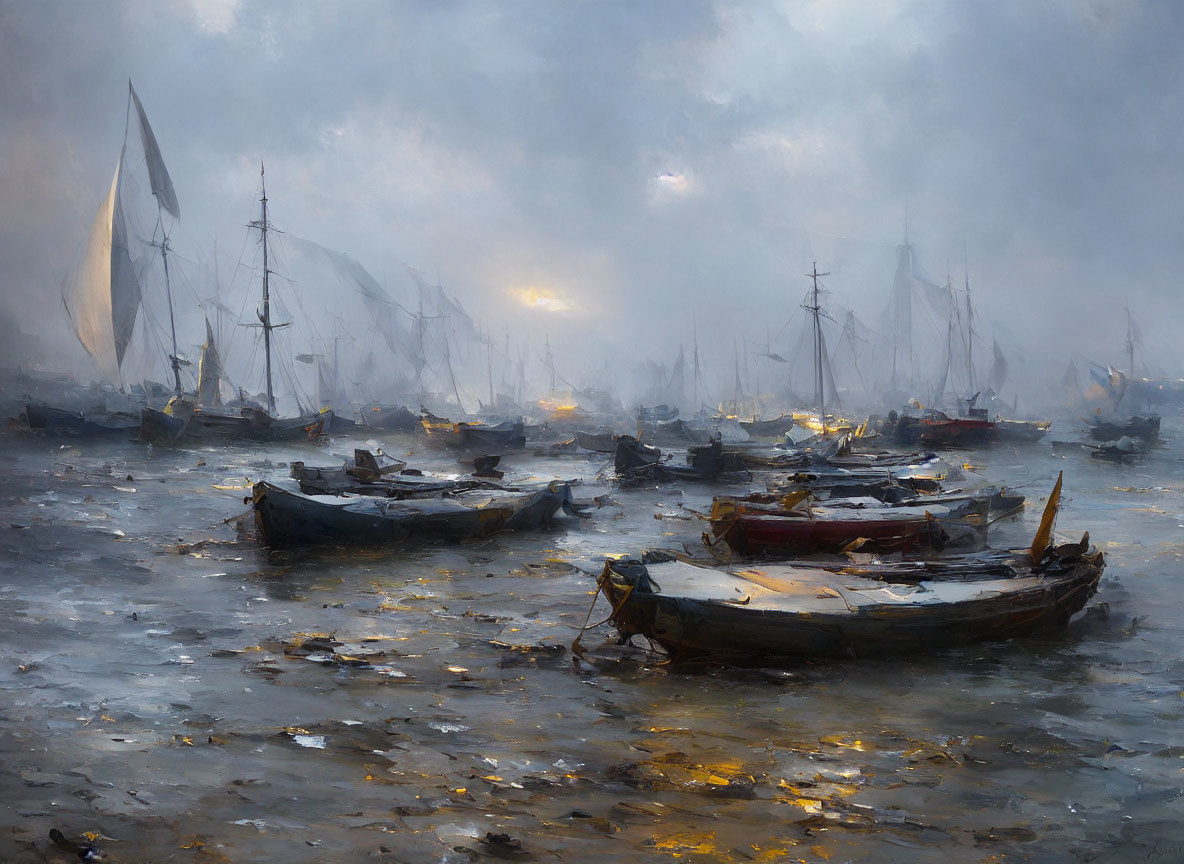 Maritime scene with boats and ships in misty ambiance
