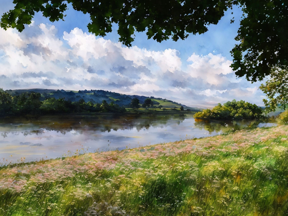 Tranquil landscape painting of river, hills, trees, and greenery under cloudy sky