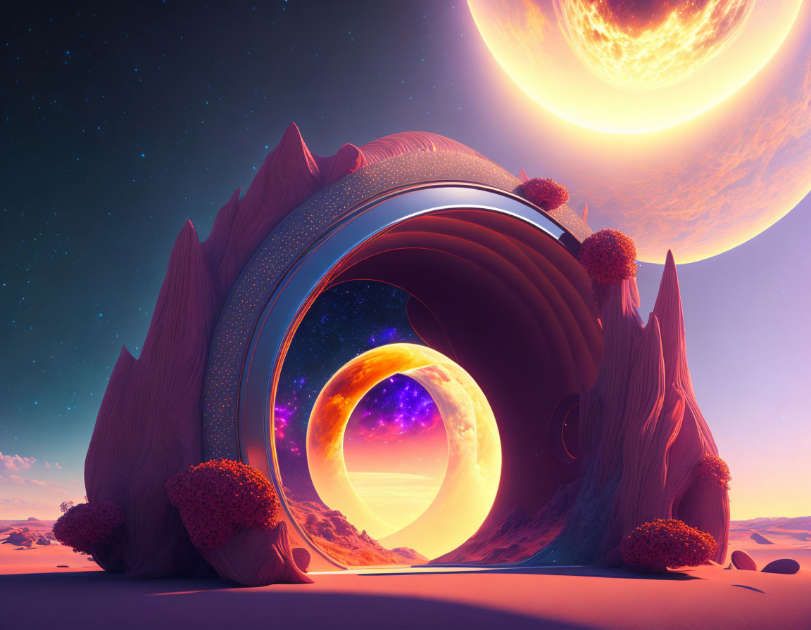 Sci-fi landscape with arched structure and planet framed by suns