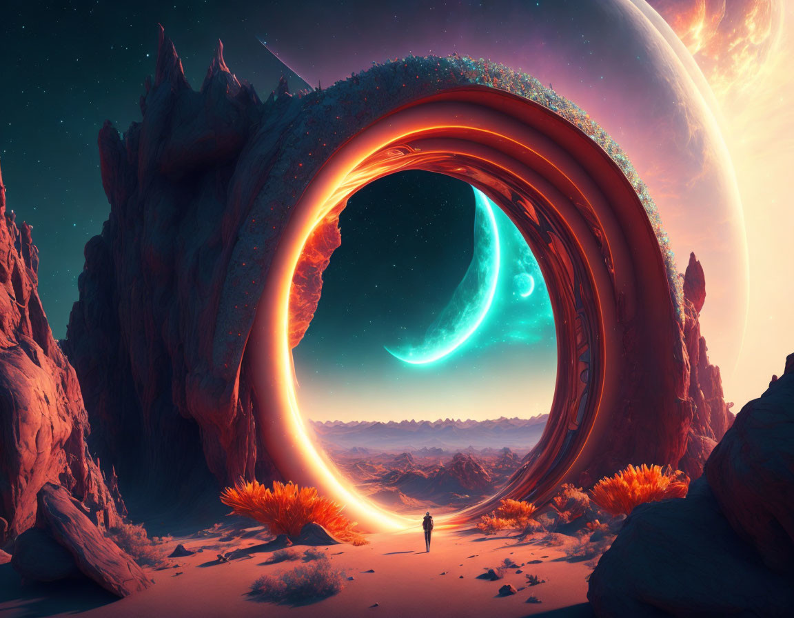 Person standing under ring-shaped structure in desert with view of another world and giant moon.
