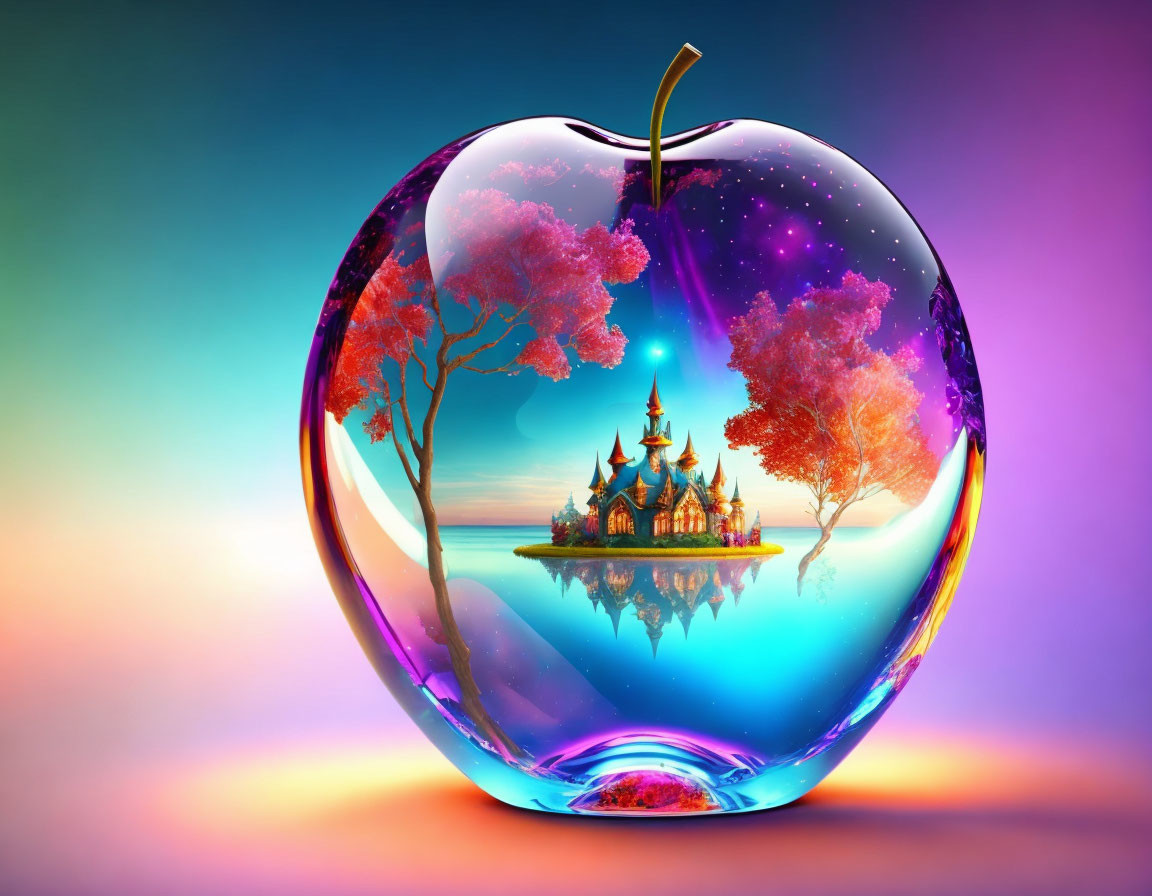 Colorful Glass Apple Fantasy Scene with Castle and Trees