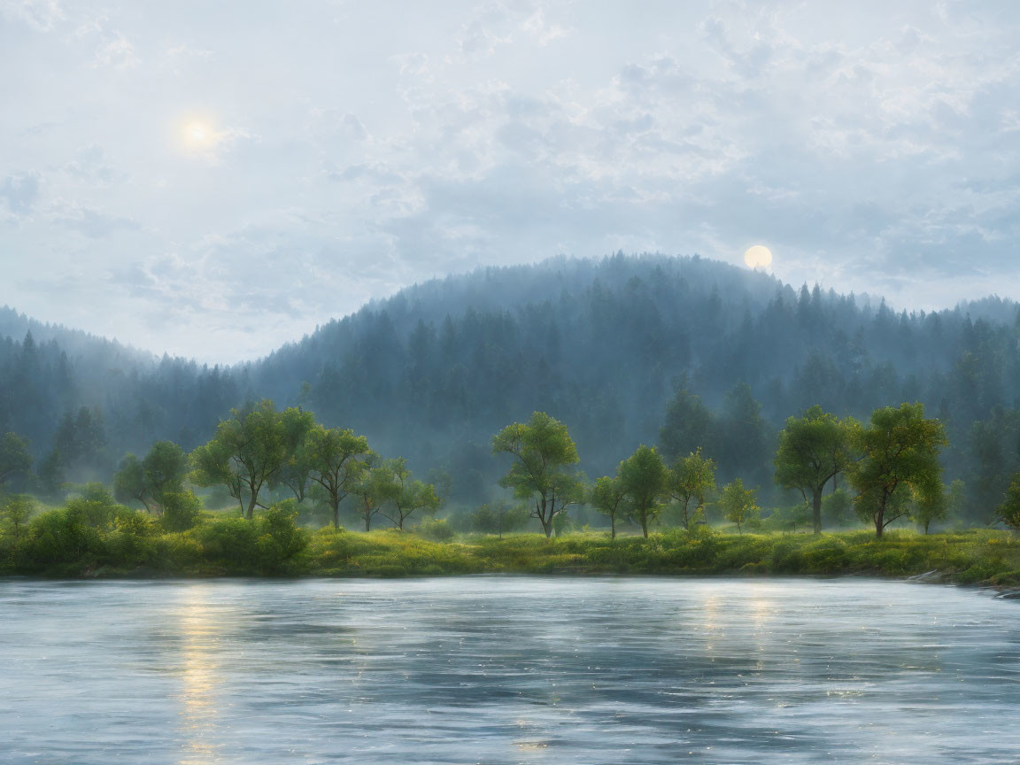 Tranquil river with sunlight reflections, hazy skies, gentle hills, and lush trees