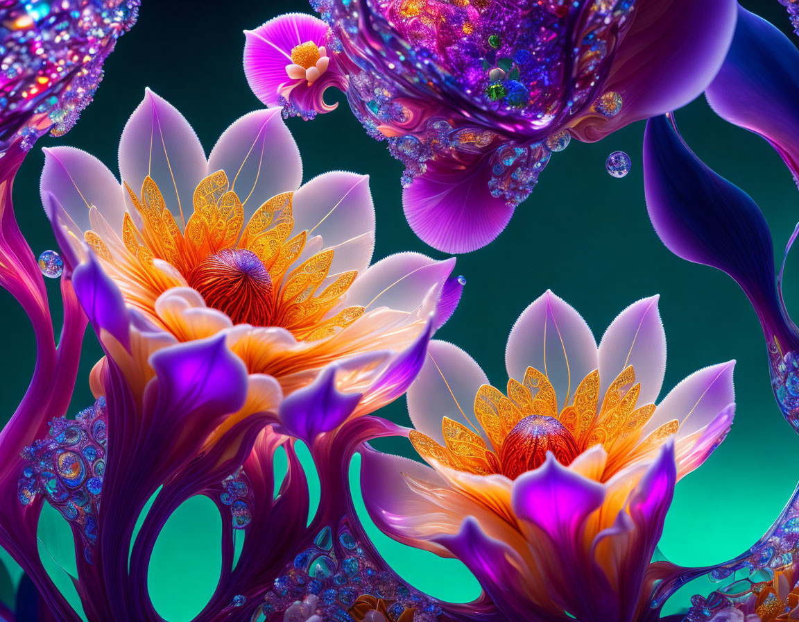 Colorful digital artwork: Psychedelic lotus flowers in purple, orange, and blue on teal