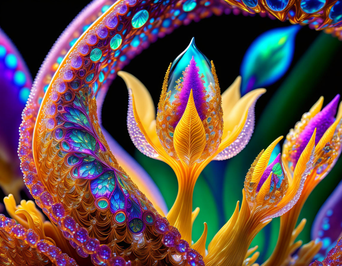 Colorful fractal-like structure with glossy surface and intricate patterns