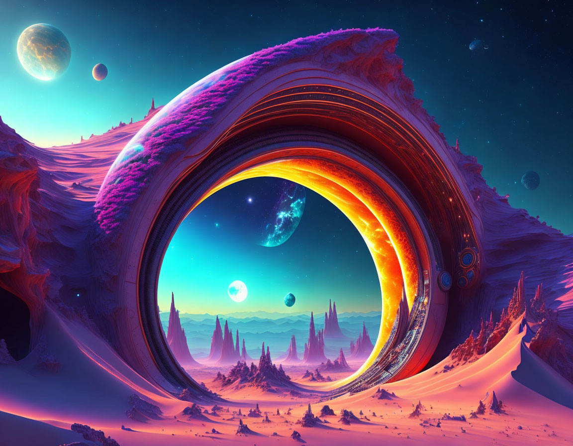 Alien planet sci-fi landscape with grand circular portal