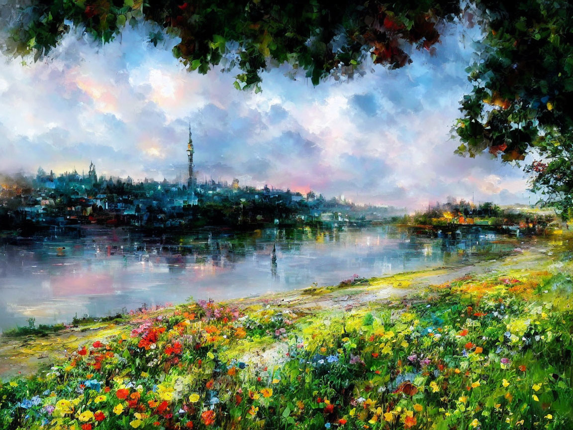 Vibrant impressionistic painting: flower-lined riverside with cityscape and soft light.