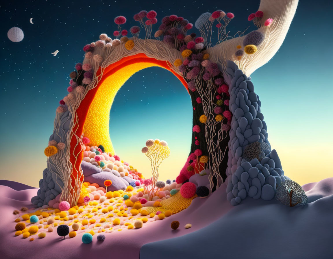 Colorful surreal landscape with arch-like structure and fantastical flora under twilight sky.