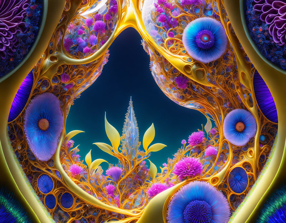 Symmetrical fractal artwork with vibrant flora and fauna patterns