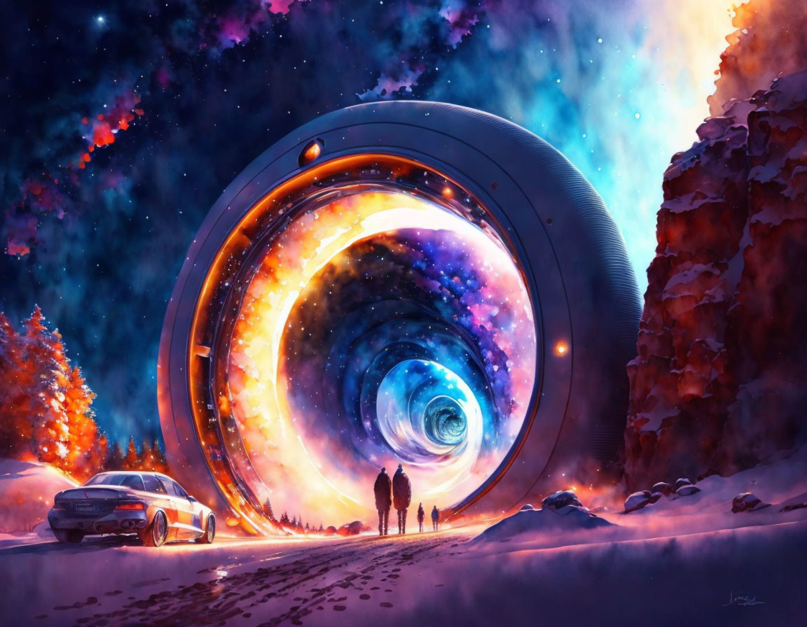 Illustration of two people and car near swirling portal under starry sky.