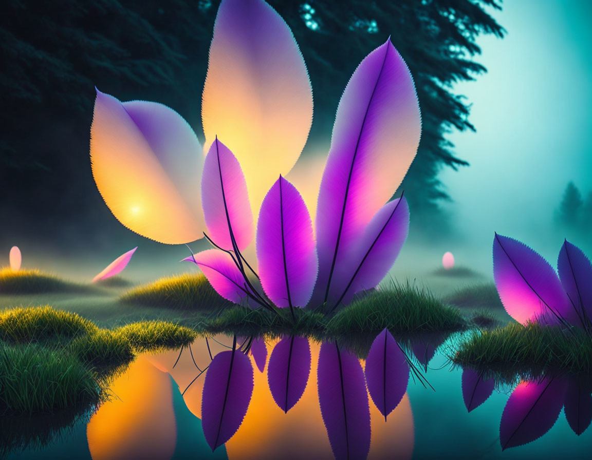 Colorful digital artwork: Large purple and pink flower reflected on serene water with misty forest backdrop