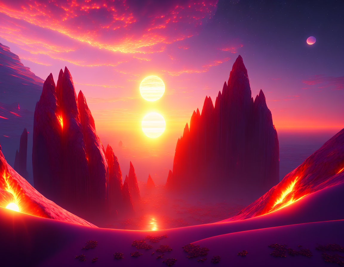Alien landscape with lava rivers, mountain peaks, and dual suns setting