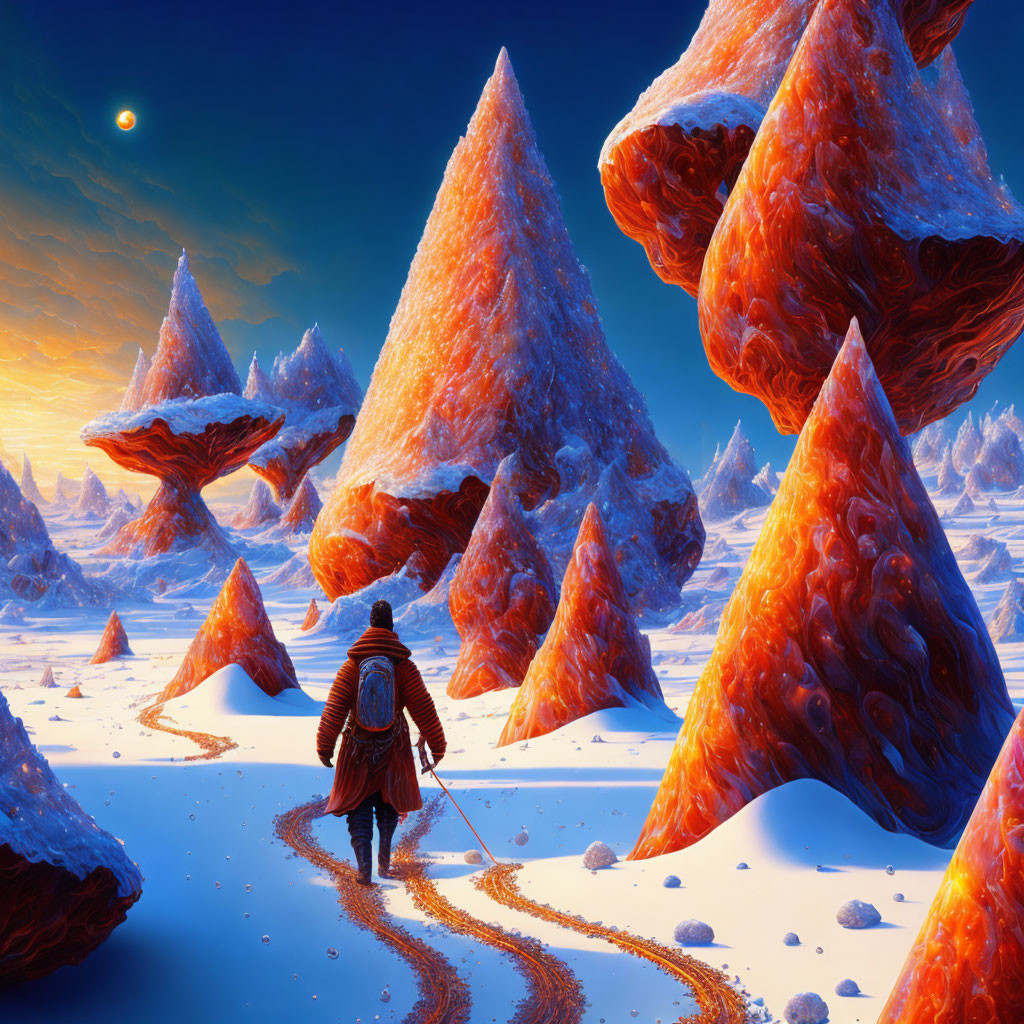 Cloaked Figure in Surreal Landscape with Glowing Orange Crystals