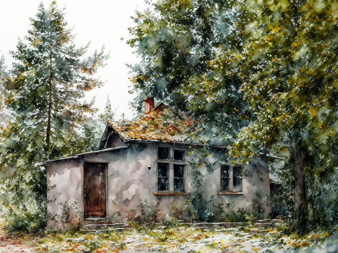 Tranquil watercolor: small house in lush autumnal setting