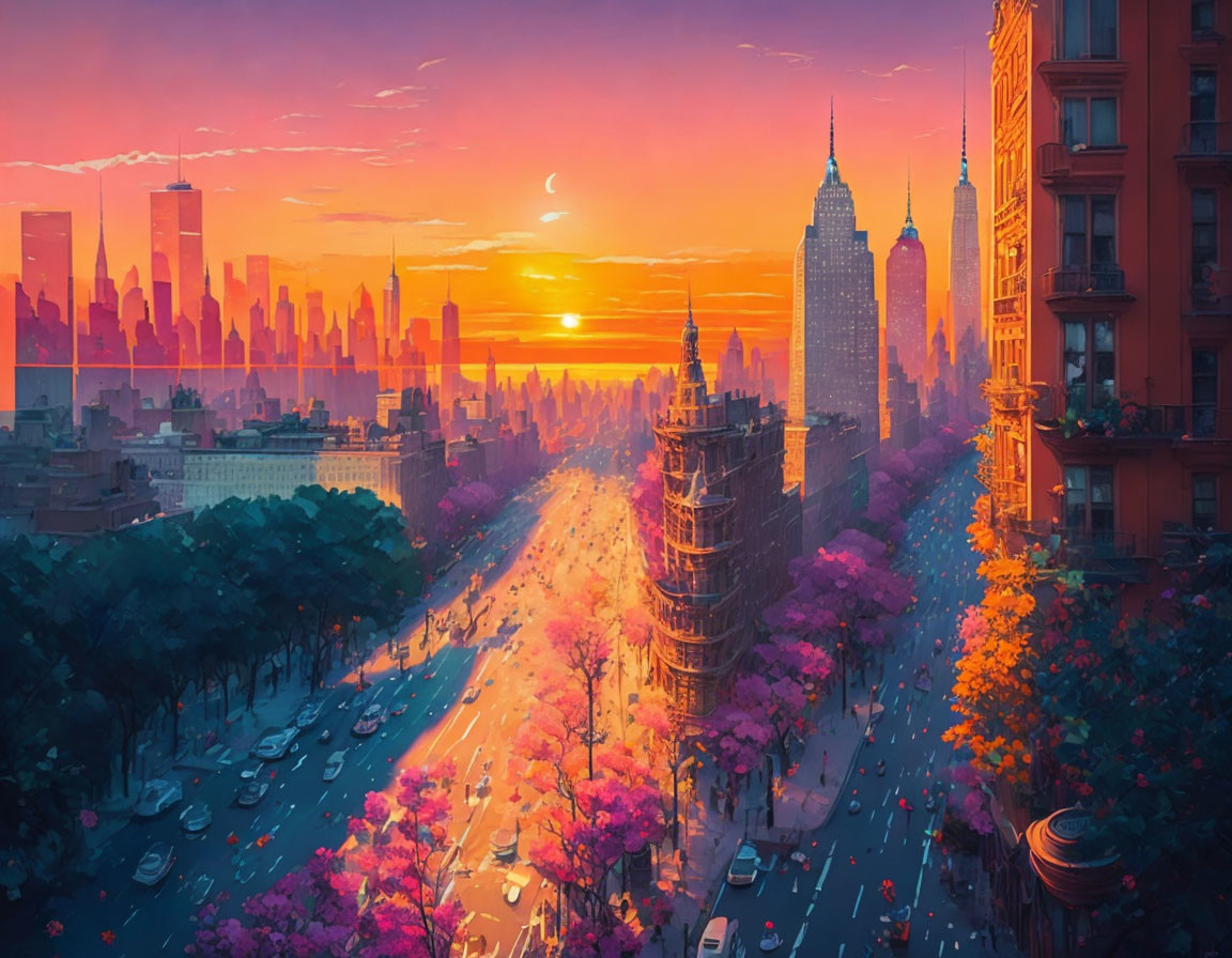 Colorful cityscape painting at sunset with busy street, blooming trees, and skyscrapers