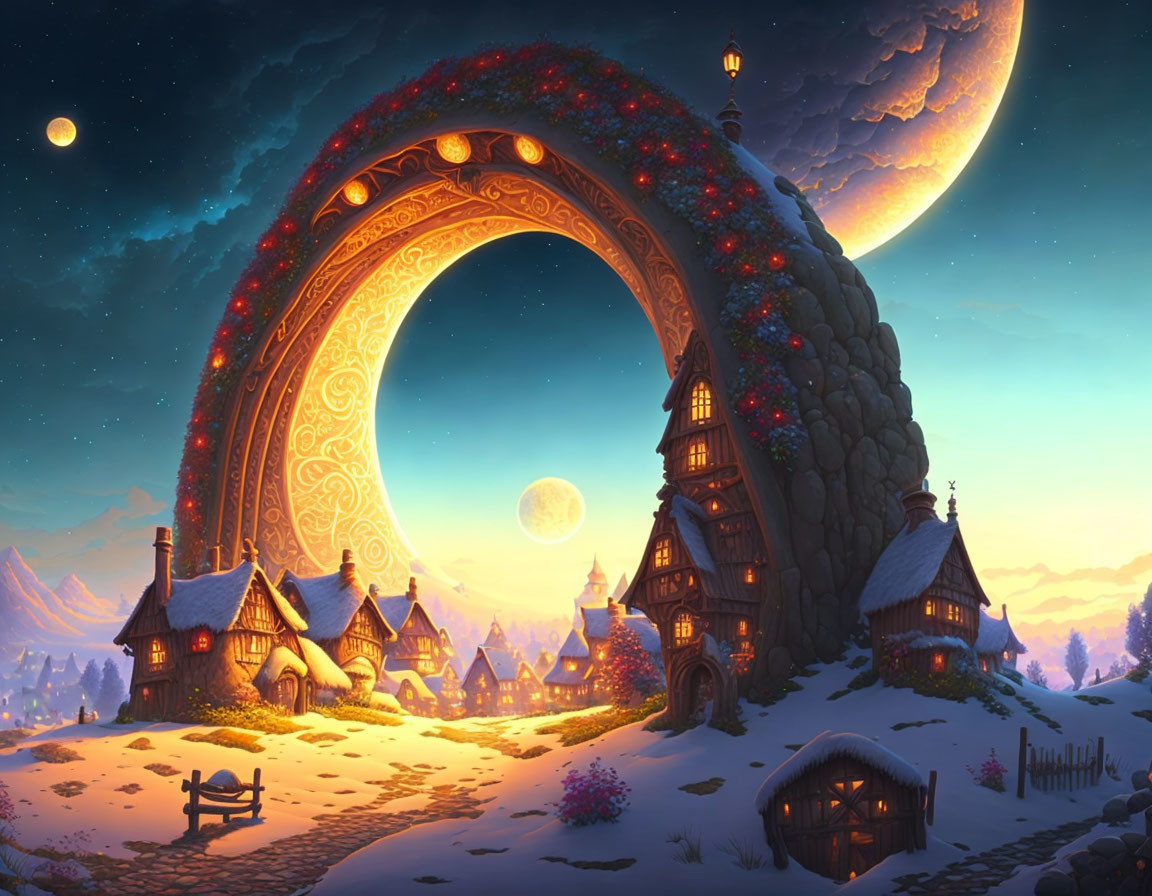 Enchanting village scene with cozy houses, giant moon, and ornate archway