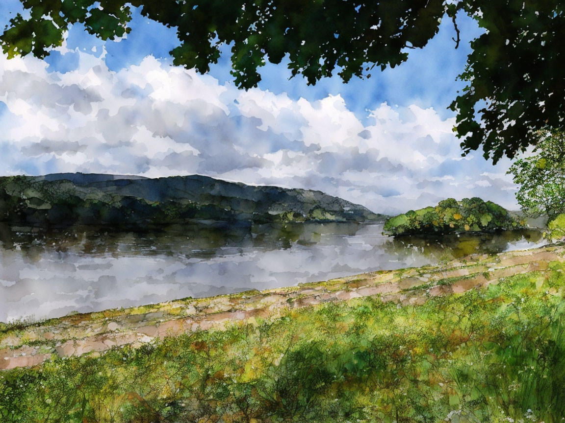 Tranquil river landscape with lush greenery and cloudy sky