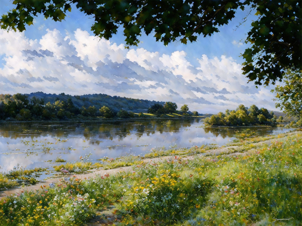 Tranquil river landscape with lush greenery and wildflowers