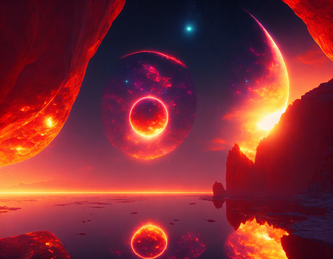 Surreal sci-fi landscape with glowing celestial bodies reflected on water.