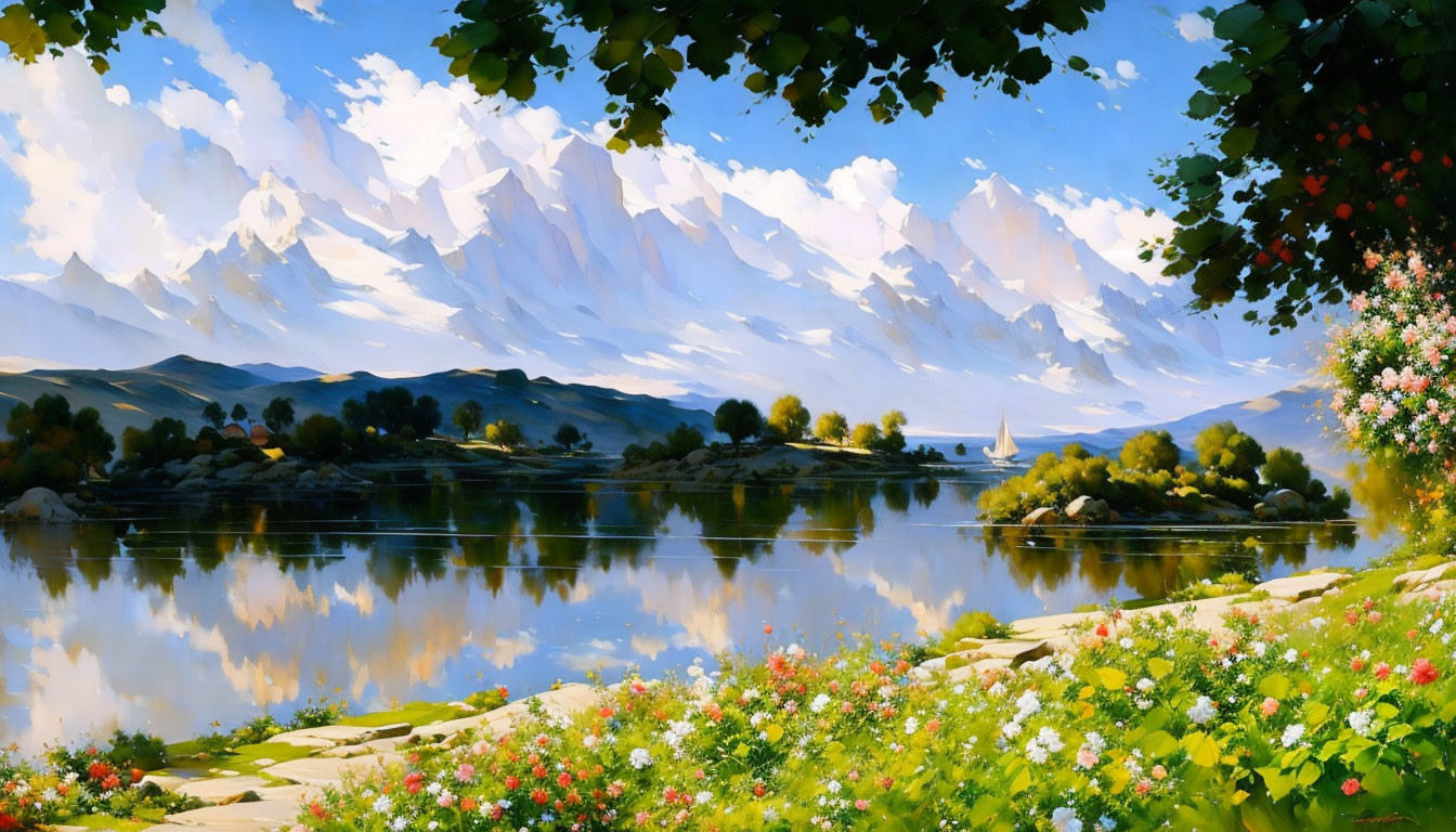 Snow-capped mountains, calm lake, islands, greenery, colorful flowers in serene landscape