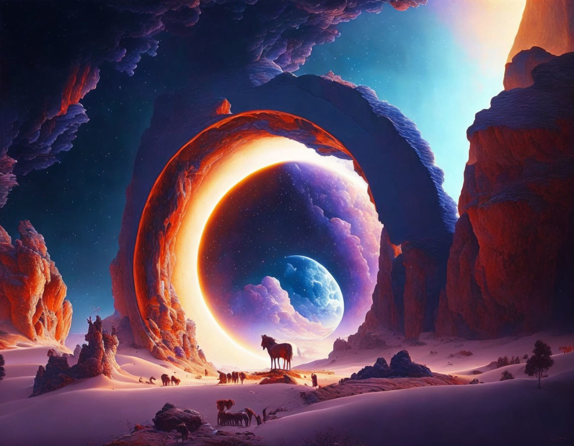 Fantastical landscape with giant moon, rock archway, desert, elephants, and starry sky