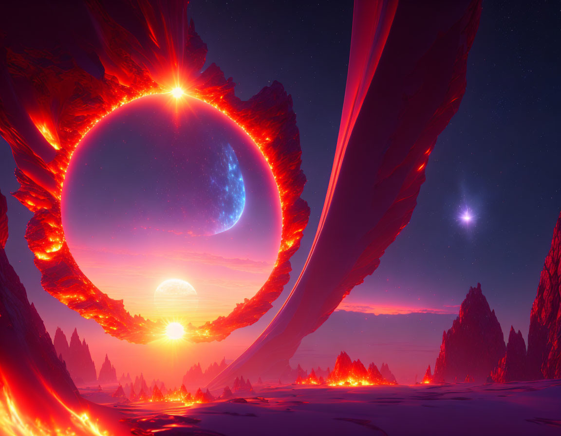 Vibrant sci-fi landscape with molten ring structure and sunset horizon