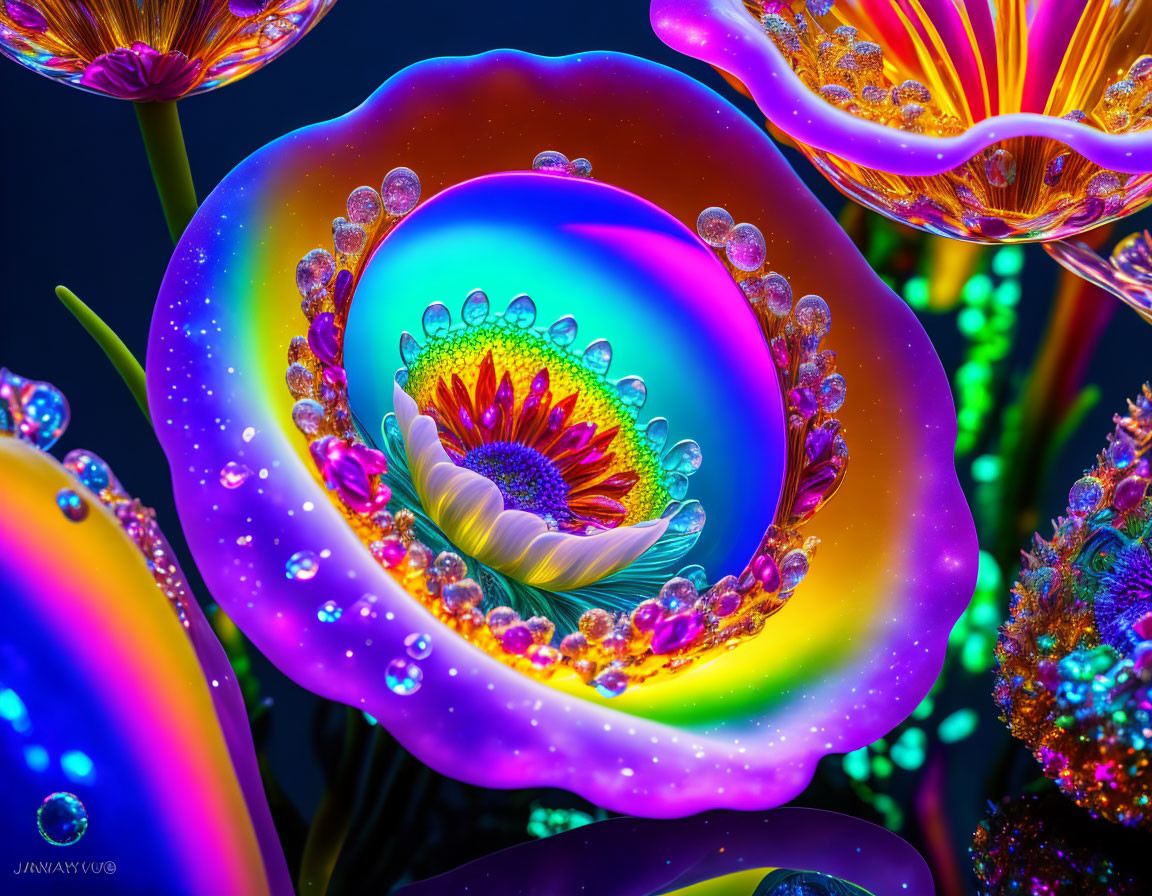 Colorful Neon Flower Art with Droplets on Dark Background