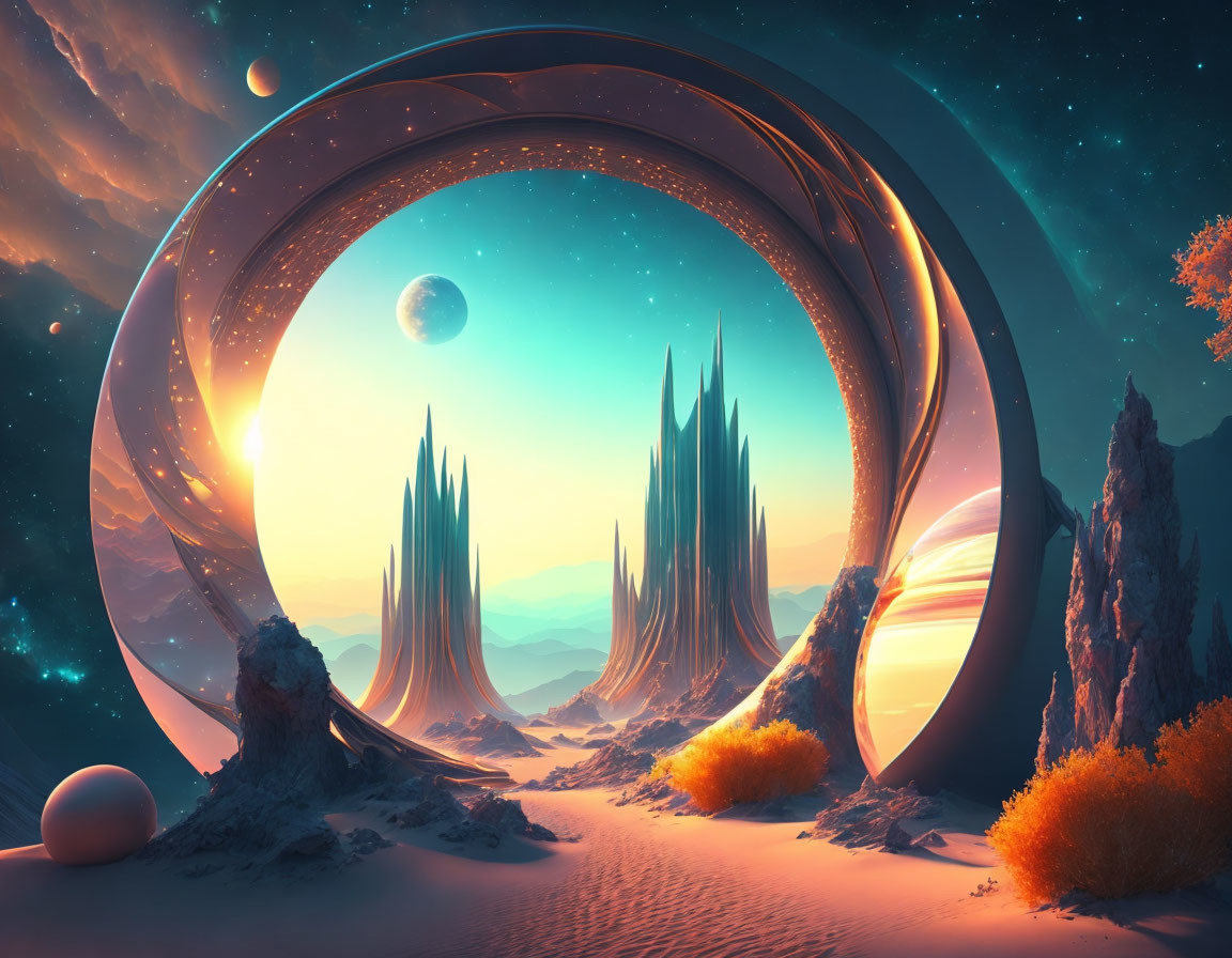 Surreal landscape with towering spires, golden foliage, arches, and celestial bodies.