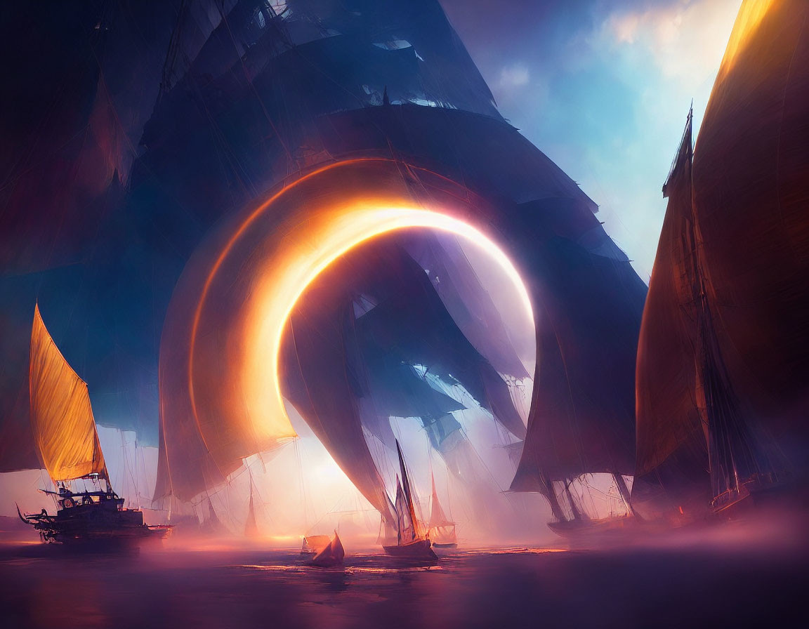 Sailing ships under massive alien structure with illuminated ring