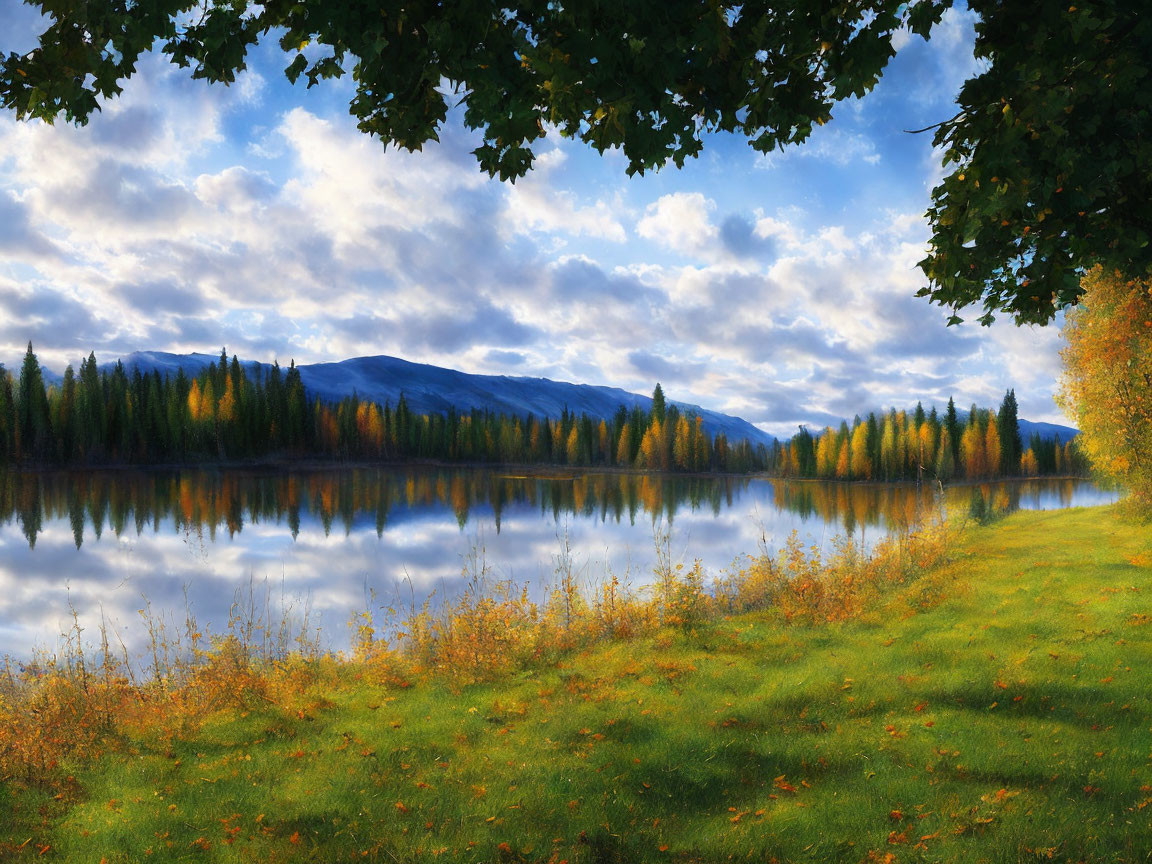 Tranquil lake mirroring autumn forest and mountains under cloudy sky